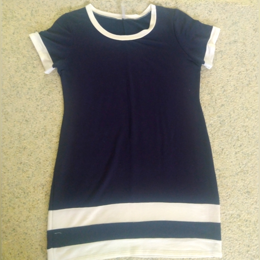 Navy and white striped short sleeved dress